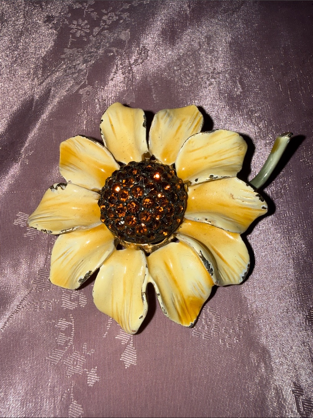Vintage Yellow Sunflower Brooch with Amber Crystal Center